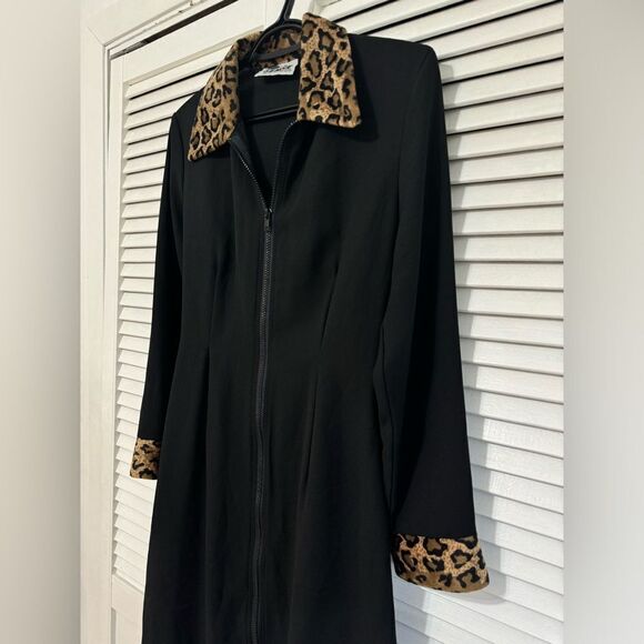 Leopard trim black longsleeve dress women’s small/medium - Picture 5 of 9